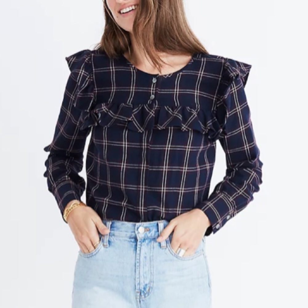 Madewell plaid ruffle-yoke button down top size medium